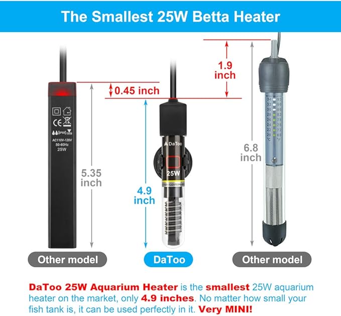 DaToo Mini Aquarium Heater 25W Small Fish Tank Heater 25 Watt with Free Thermometer Sticker