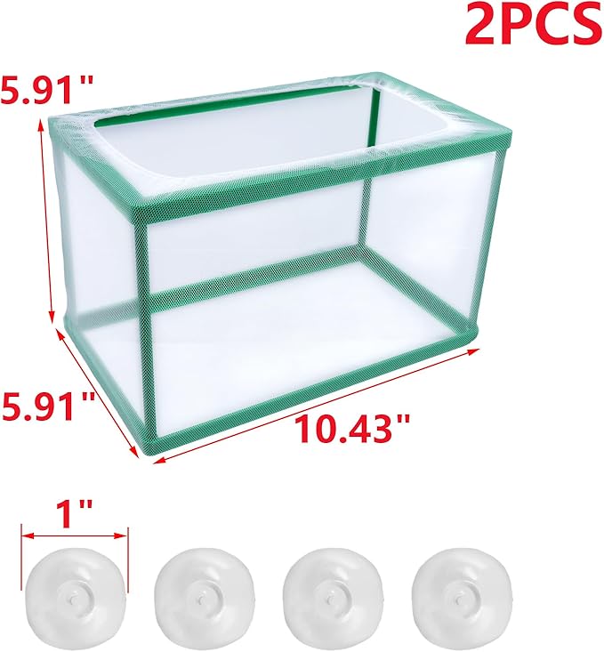 MY MIRONEY 2PCS 10.43" x 5.91" x 5.91" Fish Tank Breeder Green Nylon Fish Incubator Mesh Box Aquarium Fish Fry Hatchery Breeder with Suction Cups