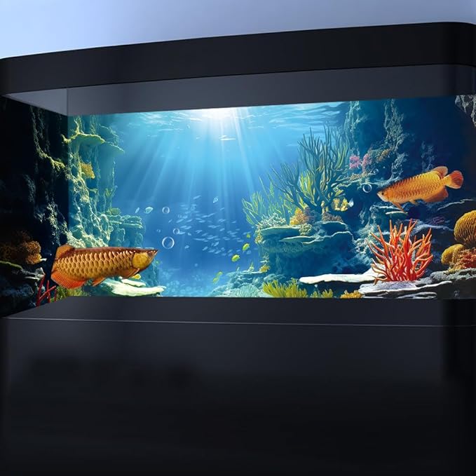72X24IN Blue Sea Floor Aquarium Background, Natural Underwater World 3D Effect Fish Tank Decorations Background, Art Terrarium Background with 8 EVA Double-Sided Tape