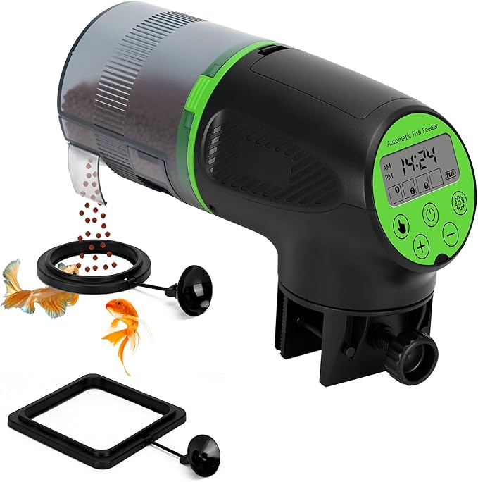 Lychee Automatic Fish Feeder for Aquarium-200ml Timed Dry Fish Food Vacation Feeder with Two Feeding Rings-Moisture-Proof LCD Display for Tank Pond
