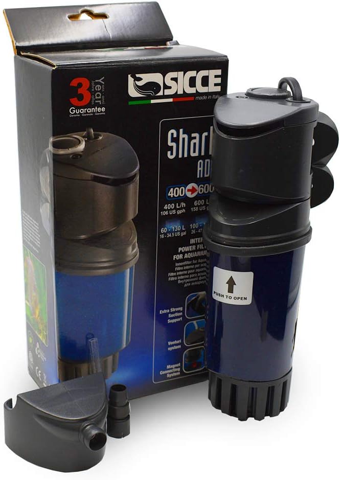 SICCE Shark ADV 600 Internal Aquarium Filter 158 GPH Submersible | In-Tank Freshwater Saltwater Marine Turtle Aquariums Filter Media Cartridge
