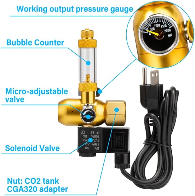 DaToo Aquarium CO2 Regulator with Bubble Counter Solenoid Check Valve Adjustable for Standard US Planted Tank CO2