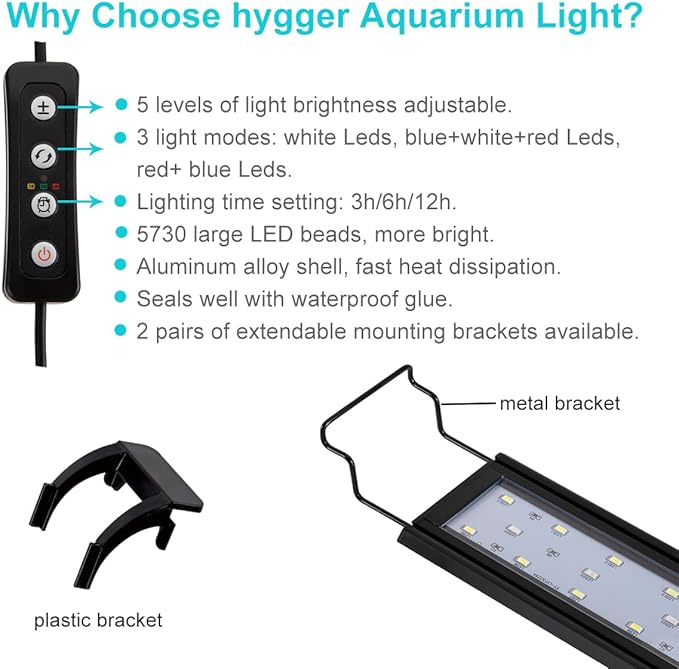 hygger 25W Full Spectrum Aquarium Light with Aluminum Alloy Shell Extendable Brackets, White Blue Red LEDs, External Controller, for Freshwater Fish Tank (36-46 inch)