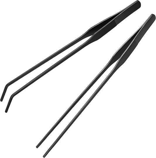 2-Pack Aquarium Tweezers, Stainless Steel Straight and Curved Tweezers Set, Long Handle Reptile Feeding Tongs for Aquatic Plants Lizards Spider Snakes Garden Repairing - 10-3/5inch, Black