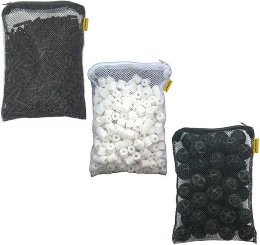 Aquacity Filter Media Replacement Bags - Activated Charcoal Pellet Carbon, Bio Ceramic Rings, Bio Balls for Aquarium Fish Pond Tank (1 Set)