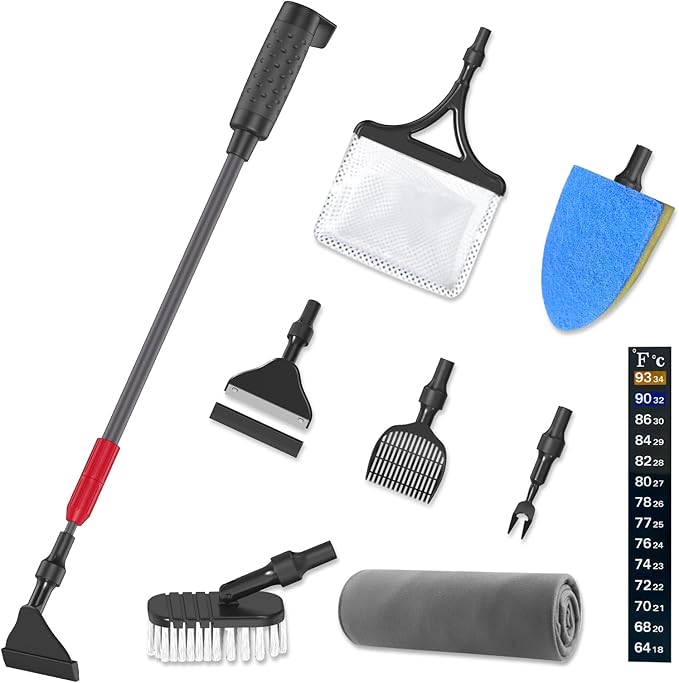 Aquarium Clean Tool 6 in 1 Fish Tank Cleaning Kit, Multi-Use Fish Tank Cleaner Brush, Algae Scraper Scrubber Pad Adjustable Long Handle Fish Tank Brush for 20-160 Gallon Acrylic & Glass Tank (L)