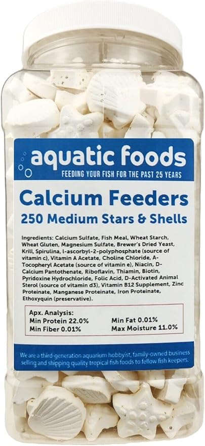 Medium Size Calcium Feeder Stars & Shells for Shrimp, Snails, Crabs, Crayfish, Hermit Crabs and All Tropical Fish…250 Count Jar