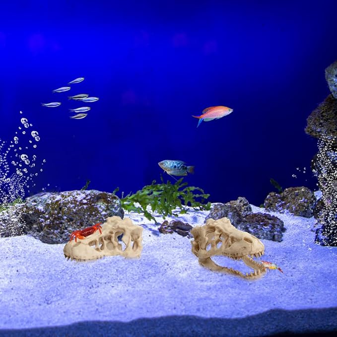 Fish Tank Decorations Dinosaur Skull Decor Resin Aquarium Decoration Accessories for Small Betta Fish, Hermit Crab Hideout Caves, Reptile House Ornament