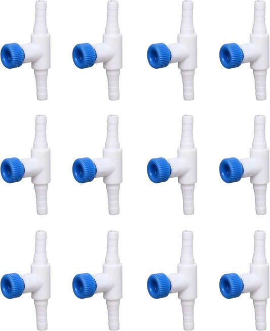 ALEGI Aquarium Control Valves for Aquarium Air Pump Single Way Plastic Air Flow Control Regulator for 3/16" ID Tubing 12 Pack (White & Blue)