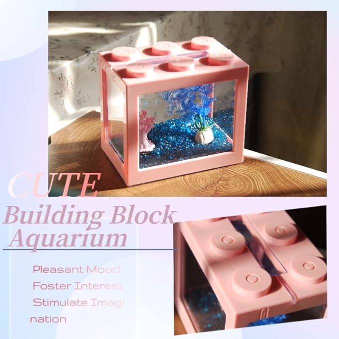 Small Betta Fish Tank, Stackable Mini Fish Tank Aquarium Tank Kit, 3/5 Gallon Rectangular Fish Bowl with Aquarium Gravel Decoration, Tiny Cube Tank for Seaweed Balls Sea Monkeys