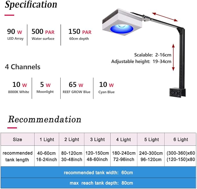 PopBloom 5PCS RL90 Led Aquarium Light for Coral Reef, Smart-APP Control Reef Led Light Aquarium Marine Lighting Fish Tank Light for 240-300CM Saltwater SPS/LPS Reef Aquarium(5 Light with Arm Kit)