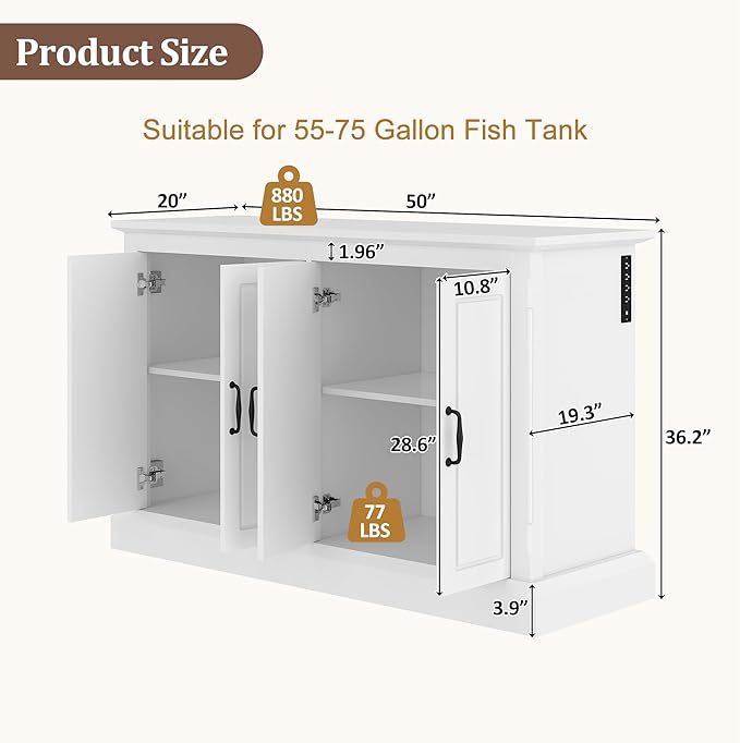 55-75 Gallon Fish Tank Stand, Modern Wooden Aquarium Stands with Power Outlet and 4 Cabinets, Heavy Duty Reptile/Turtle/Terrarium Tank Stand for Home, Office, Shopping Mall, 880LBS Capacity, White