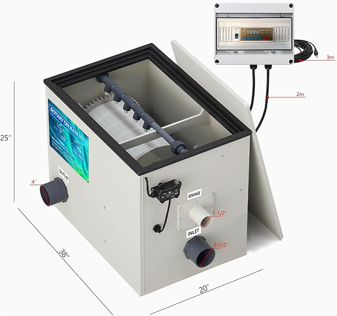 Rotary Drum Filter,Canister Filter,RDF Fully Automatic Water Self-Cleaning Filtration for Koi Pond,Fish Pond,Aquarium,Seedling Cultivation Base,Aquaculture,Hydroponics (8000GPH Advanced Edition)