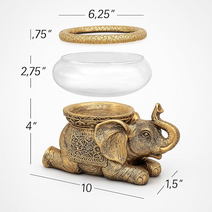 Good Luck Elephant Glass Bowl Gold Antiqued Polyresin Decorative Figurine with Removable Glass Bowl Terrarium, Candle Holder, or Tabletop Aquarium Home Decor with Gift Box