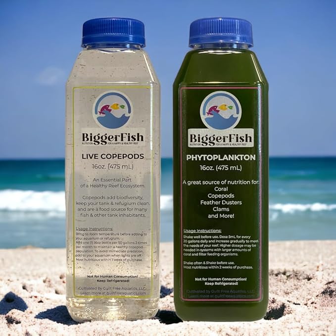 BiggerFish Live Copepods + Phytoplankton Combo Pack for Saltwater Fish, Coral, Invertebrates, 2 16oz Bottles, Provide Vital Biodiversity and Nutrition for Saltwater Reef Aquariums