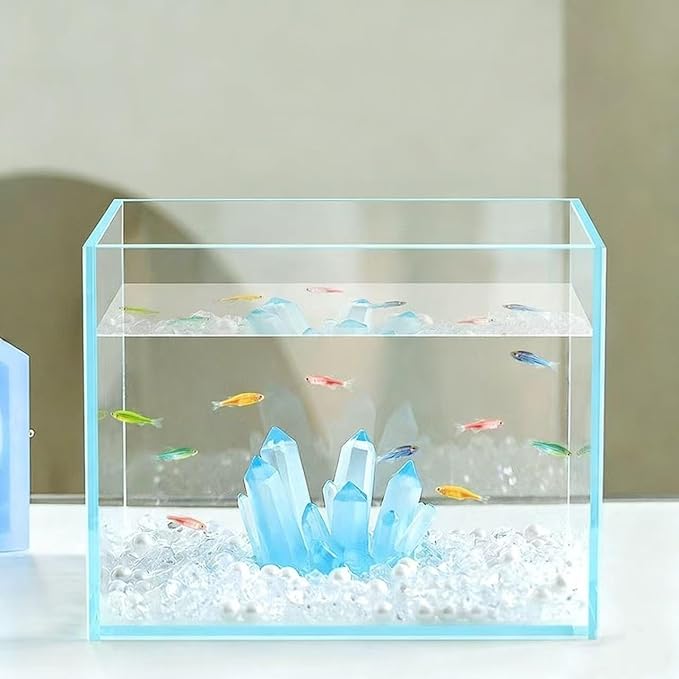 Small Fish Tank Decor Artificial Crystals Aquarium Betta Fish Tank Decorations Mini Crystal Ornaments Resin Accessories (Light Blue)