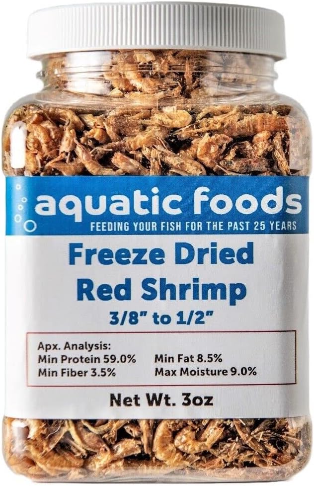 Red Shrimp - Freeze Dried 3/8" to 1/2" Red River Shrimp for All Tropical Fish, Marine Fish, Lg Cichlids, Koi & Pond Fish, Turtles, Reptiles, Rodents…3oz Small Jar