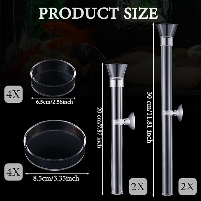 Potchen 12 Pieces Shrimp Feeder Set 4 Acrylic Tubes & 8 Dishes, Clear Crystal Glass Bowl, Fish Tank Feeding Supplies for Shrimp & Betta, 2 Sizes