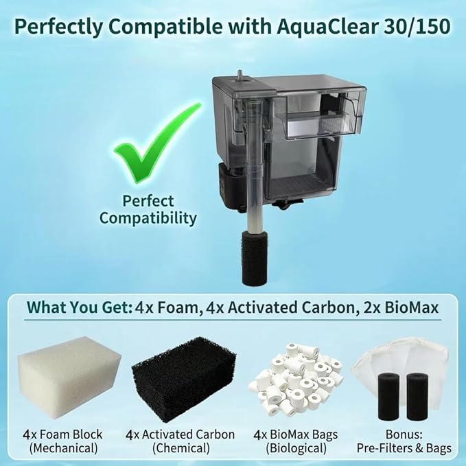 4-Pack Upgraded Filter Maintenance Kit, Compatible with AquaClear 30/150 (30-Gallon) Power Filter, Replacement Media Set Including Carbon, Ammonia Remover & Zeolite for Crystal Clear Aquarium Water