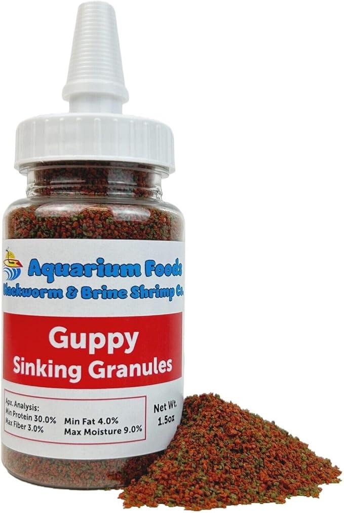 Guppy Sinking Granules Fish Food for Guppies, Endlers, Mollies, Platies, Swordtails, Groumis, Tetras, Catfish, Cichlids, All Community Tropical Fish…1.5oz Squeeze Bottle