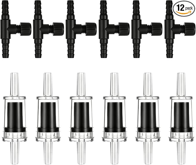 Psyqtsuary Aquarium Air Pump Accessories, 12 Pcs One Way Check Valve Aquarium Plastic Aquarium Air Valve for Fish Tank 3/16" Aquariums Tubing (6 Check Valves +6 Control Valves) (Black)