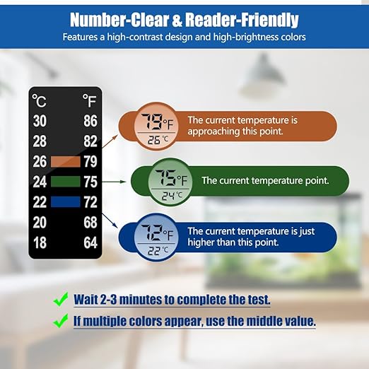 Adhesive Fish Tank Thermometer Strip Aquarium Thermometer Sticker Display 64-86℉ (18-30℃) Brewing Thermometer Test Strip 6 PCS (1.58" x 0.67")