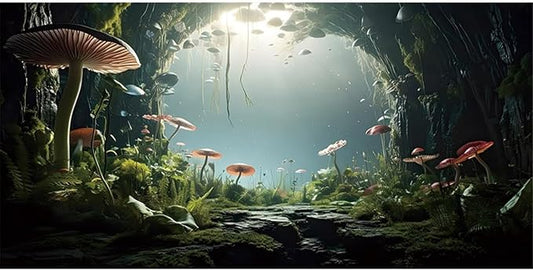 AWERT 48x24 inches Aquarium Background Foggy Stone Mushroom Moss Terrarium Background Polyester Green Plants Cave Fish Tank Background