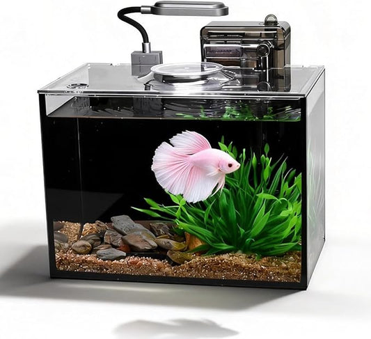 Betta Fish Tank,Aquarium Starter kit,2.8 Gallon Fish Tank Kit,Small Aquarium,Small Fish Tank,Ultra-Clear Nano Aquarium with Light,Filter,Cobblestone,Sand and Artificial Plants