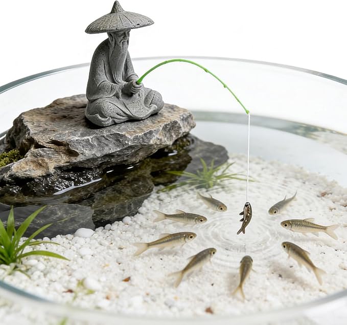 livelyfish Mini Fisherman Statue Asian Zen Decoration Sitting Fishing Figurines Sandstone Vintage Ornament for Aquarium Fish Tank Pot Garden Home Japanese Decor (D2)