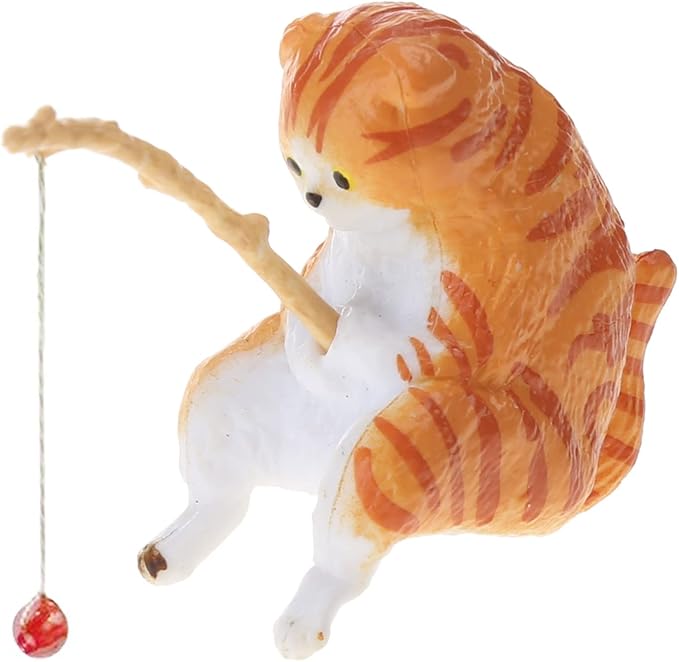 Yuly Fishing Cat Ornaments Mini Resin Figurine Cartoon Cat Statue for Home Office Aquarium Decoration