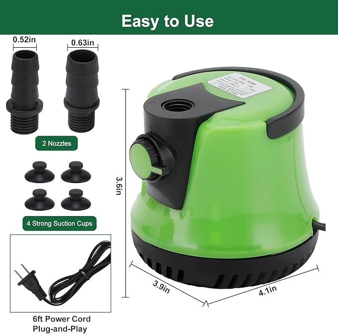 25W Water Pump 350GPH Submersible Pump, 1200L/H, Max Lift up to 6ft, Fountain Pump with Adjustable Switch 2 Nozzles 6ft Power Cord for Fountain, Fish Tank, Pond, Statuary, Aquarium (Green)