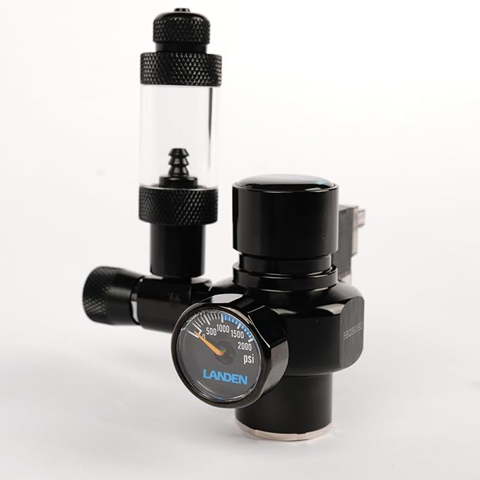 LANDEN AverVita CO2 Regulator Mini Compact, Efficient Single-Stage Control with Integrated DC 12V Solenoid and Bubble Counter Compatibility Fits Paintball, CGA-320, etc, Cylinder, CO2 Indic. Sol. Kit