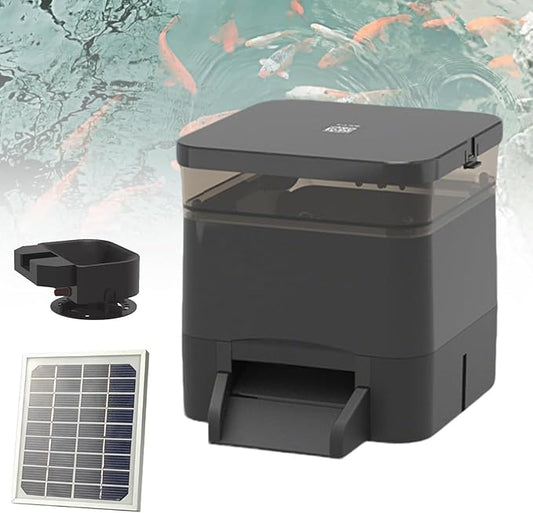 Automatic Fish Feeder,Automatic Pond Fish Food Dispenser with LCD Display,4/10 L Large Capacity with Timer Upport Battery & Ac & Solar Panel Powered Charging for Pond Indoor & Outdoor(Black,4L)