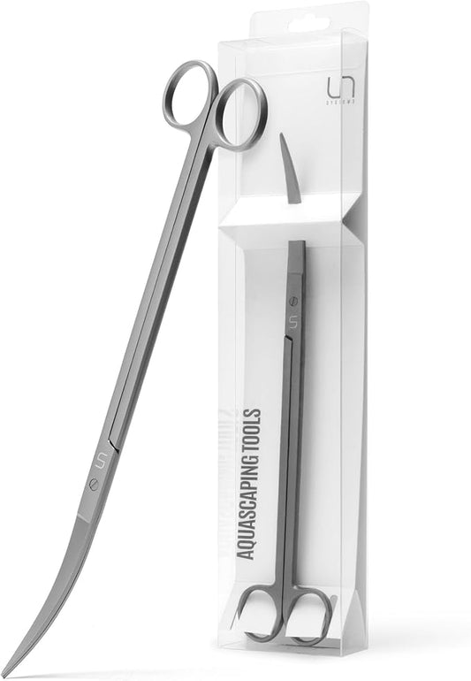 UNS Aquascaping Tools - Stainless Steel, Rust Resistant, Freshwater Planted Tank, Saltwater Reef Aquarium Maintenance Accessory - Trimming Stems & Carpets, Coral Cutting - Curved Scissors, Grey