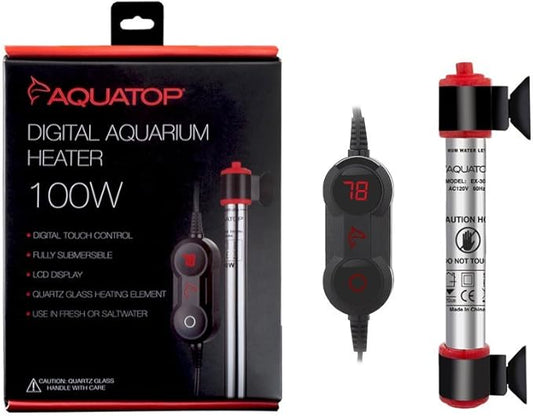 Aquatop 100W Digital Aquarium Heater with External Control - Fully Submersible for Fish Tanks up to 25 Gallons, Adjustable Temperature for Fresh & Saltwater Use, EX-100