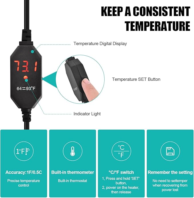YOFOTHS Mini Aquarium Heater Alumina Ceramic, USB 10W Digital Display Thermostat, Compact Thumb-Size Fish Tank Heater with Temperature Control, Black, for 1 Gallon Betta Tanks (USB10W)