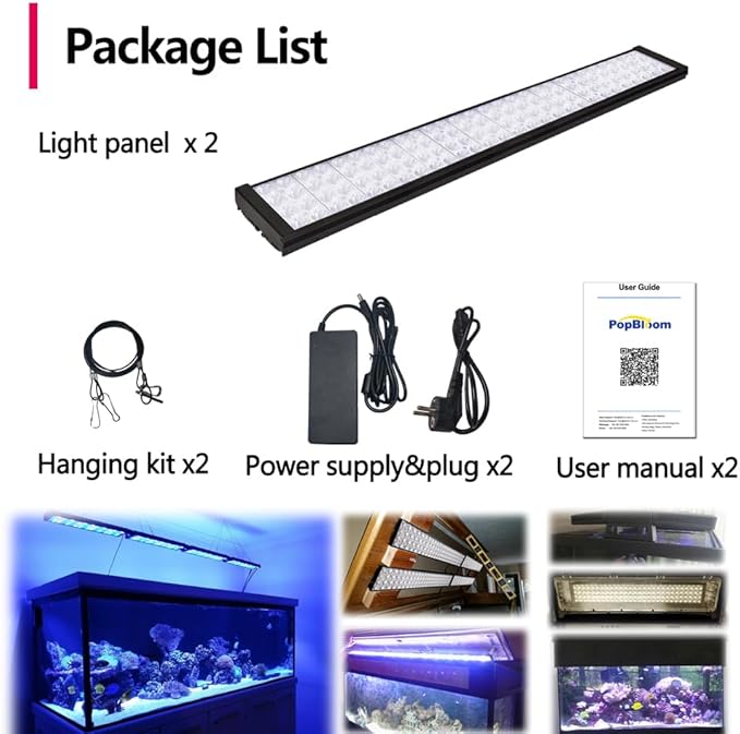 PopBloom H75 WiFi 2PCS Reef Marine LED Light for 180cm 6ft 72inch Saltwater Coral Reef Marine Aquarium Fish Tank, Full Spectrum Programmable 4 Channels, Sunrise Sunset, Lunar Cycle