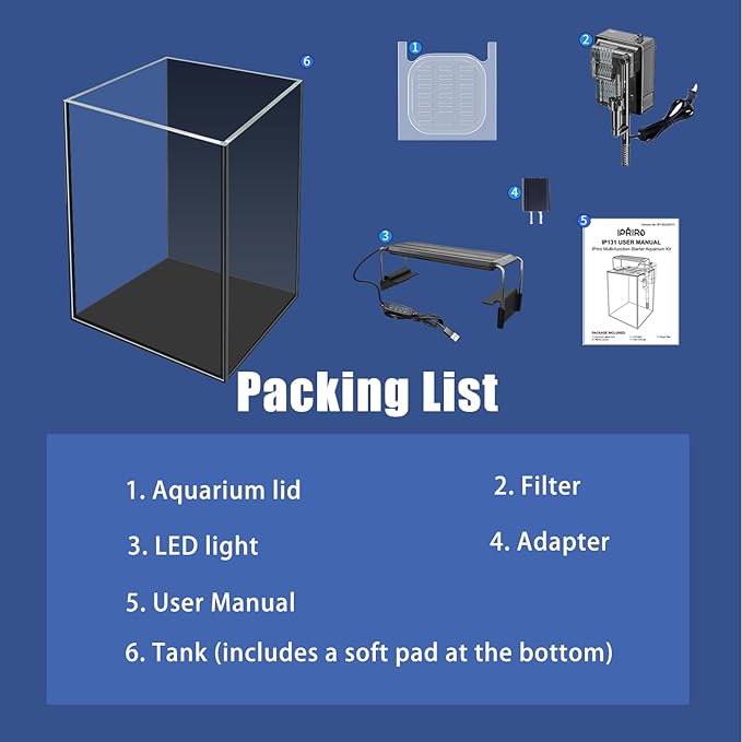 Glass Aquarium Starter Kits 1.5 Gallon Small Fish Tank, Betta Fish Tank for Home Office Deco, with LED Light, Power Filter, 4mm Glass, Black