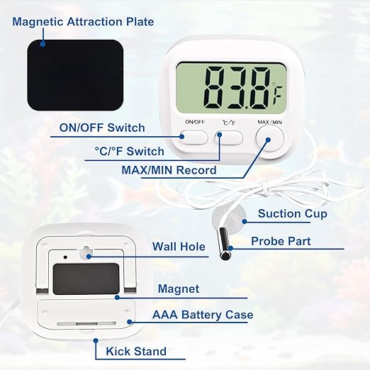 Digital Aquarium Water Thermometer with Large LCD Screen, Measurement Range -58℉ to 572℉, Display ±1℉/±0.5℃, Fish Tank Decoration Accessories, Idea for Reptile, Aquatic, Tub, Refrigerator and Freezer