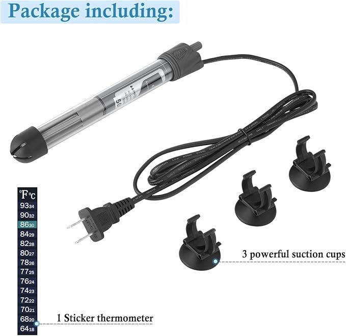 HITOP 50W Adjustable Aquarium Heater, Submersible Fish Tank Heater Thermostat with Suction Cups for 6-15Gal