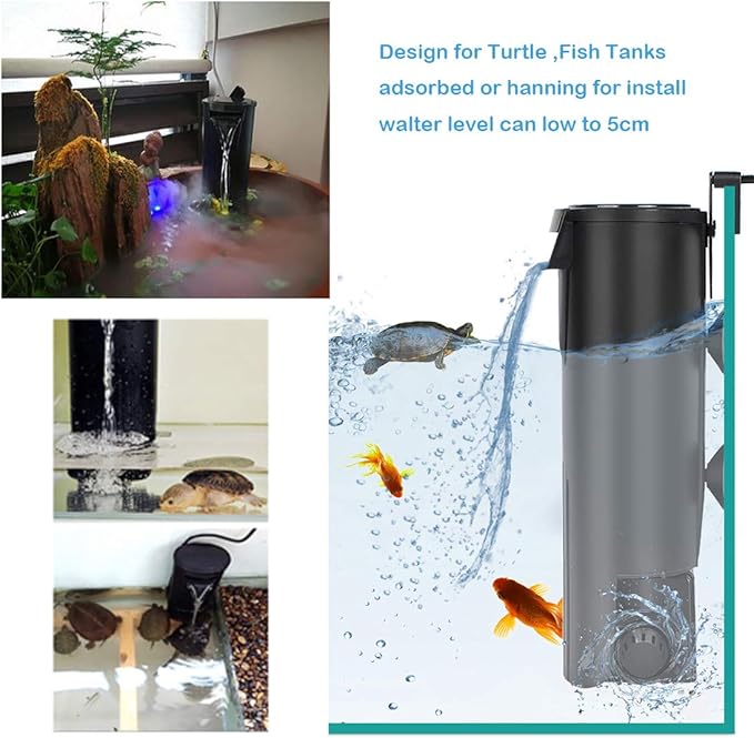 Turtle Filter Aquarium Filter Low Water Level Internal Filter Waterfall Flow Aquarium Pump for Turtle Tank Fish Tank Reptiles Shrimp Frog Crab Tank Amphibian Tank(Filter 2020)