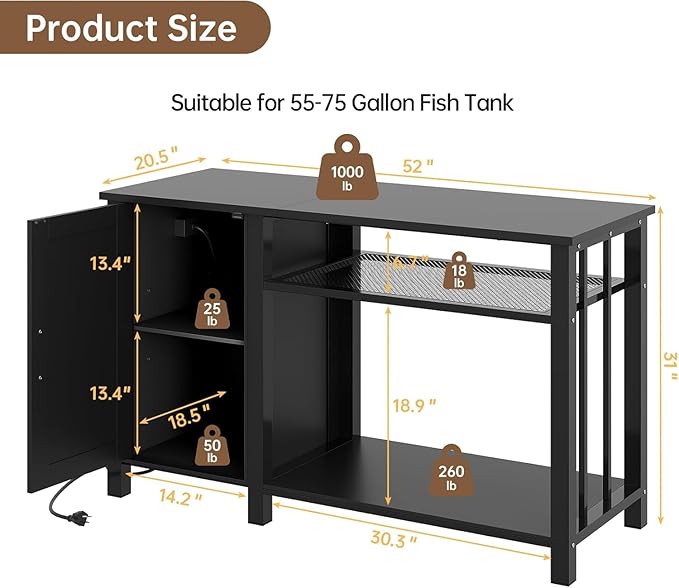 55-75 Gallon Aquarium Stand with Power Outlet, Heavy Duty Fish Tank Stand with Cabinet Storage & Adjustable Shelf, for Fish Tank, Turtle Tank, Reptile Terrarium, 1000LBS Capacity, Black