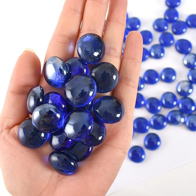 Flat Glass Marbles 1lb, 100PCS Dark Blue Flat Gems Glass Beads for Vase Filler Garden Aquarium Tank Pebbles Table Floral Decoration