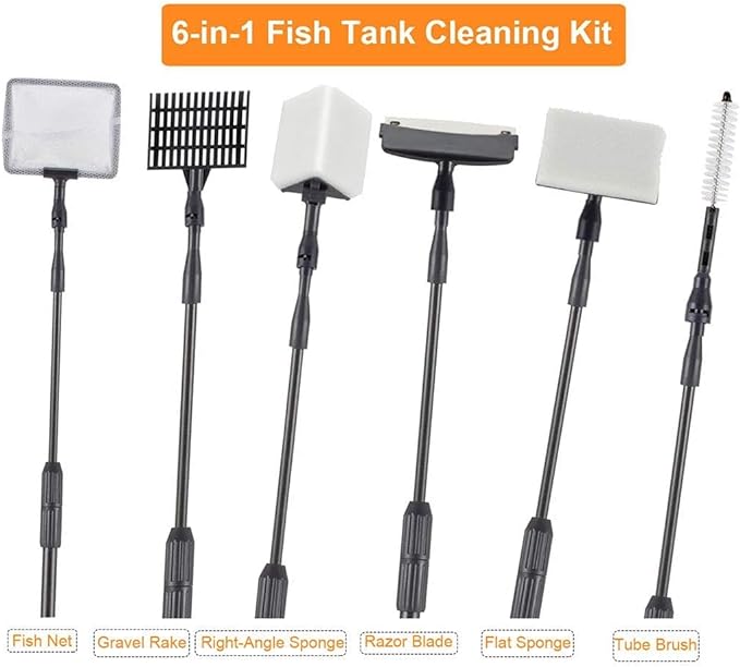 hygger Fish Tank Cleaner 6 in 1 Aquarium Cleaning Tool Kit Al-gae Scraper Scrubber Pad Sponge Tube Brush Gravel Rake Fish Net Telescopic Handle for Saltwater Freshwater