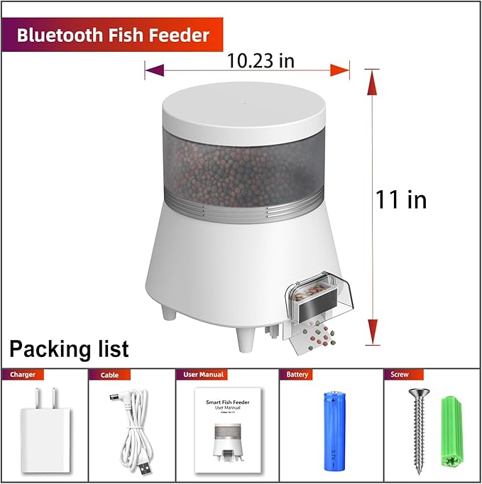 Automatic Pond Fish Feeder, Programmable Bluetooth APP Timer, Battery and USB 5V Powered, Large Outdoor Rainproof Koi Fish Feeder, Capacity 4L White, WP8623B
