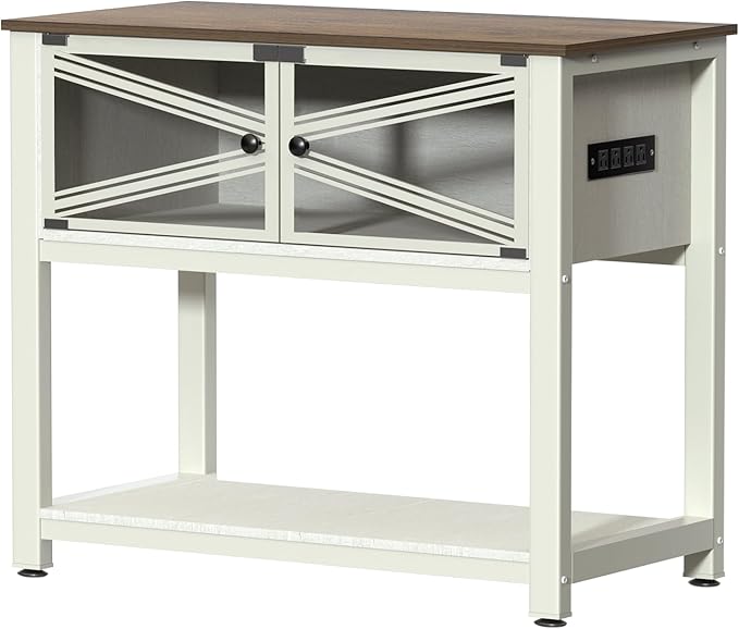 Rresyet 40-50 Gallon Aquarium Stand with Heavy Duty Metal Frame, Fish Tank Stand with Power Outlets, Two Glasses Door Storage Cabinet, Suitable for Turtle Tank, Reptile Tank, White+Brown