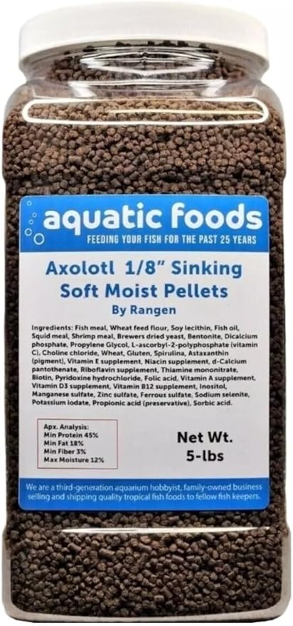 Axolotl Food 1/8" Soft Moist Sinking Pellets for Axolotls, Shrimp, Snails & Tropical Fish. Salmon Sinking Pellets 5-lb-Jar
