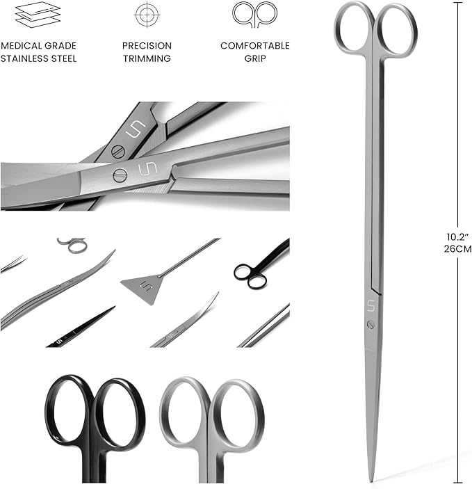UNS Aquascaping Tools - Stainless Steel, Rust Resistant, Freshwater Planted Tank, Saltwater Reef Aquarium Maintenance Accessory - Trimming Stems & Carpets, Coral Cutting - Straight Scissors, Grey