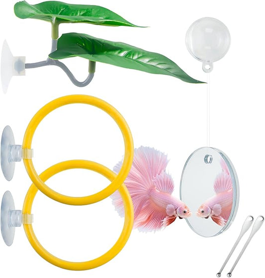Betta Fish Toy Set: Betta Training Floating Mirror, Training/Feeding Ring, Spoon, and Resting Leaf. Promotes Exercise. Betta Toys, Resting & Feeding Kit.