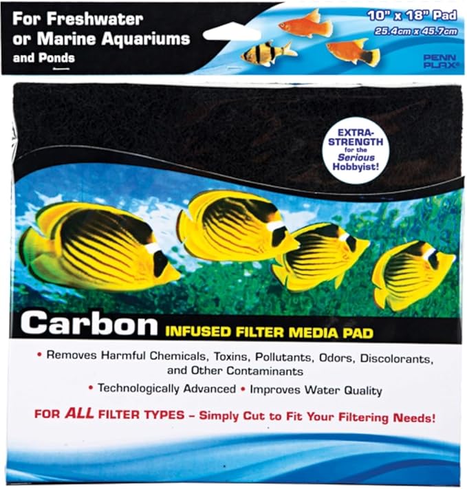 PENN-PLAX Carbon Infused Aquarium Filter Media Pad – Easy to Cut into Any Size Your Filter Requires – 10” x 18”